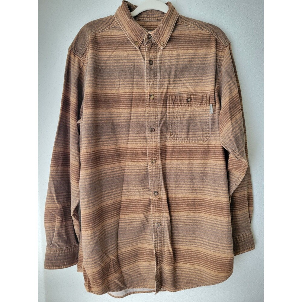Woolrich Men’s XL Brown Tan Striped Button Up Flannel Shirt Soft Outdoor Casual